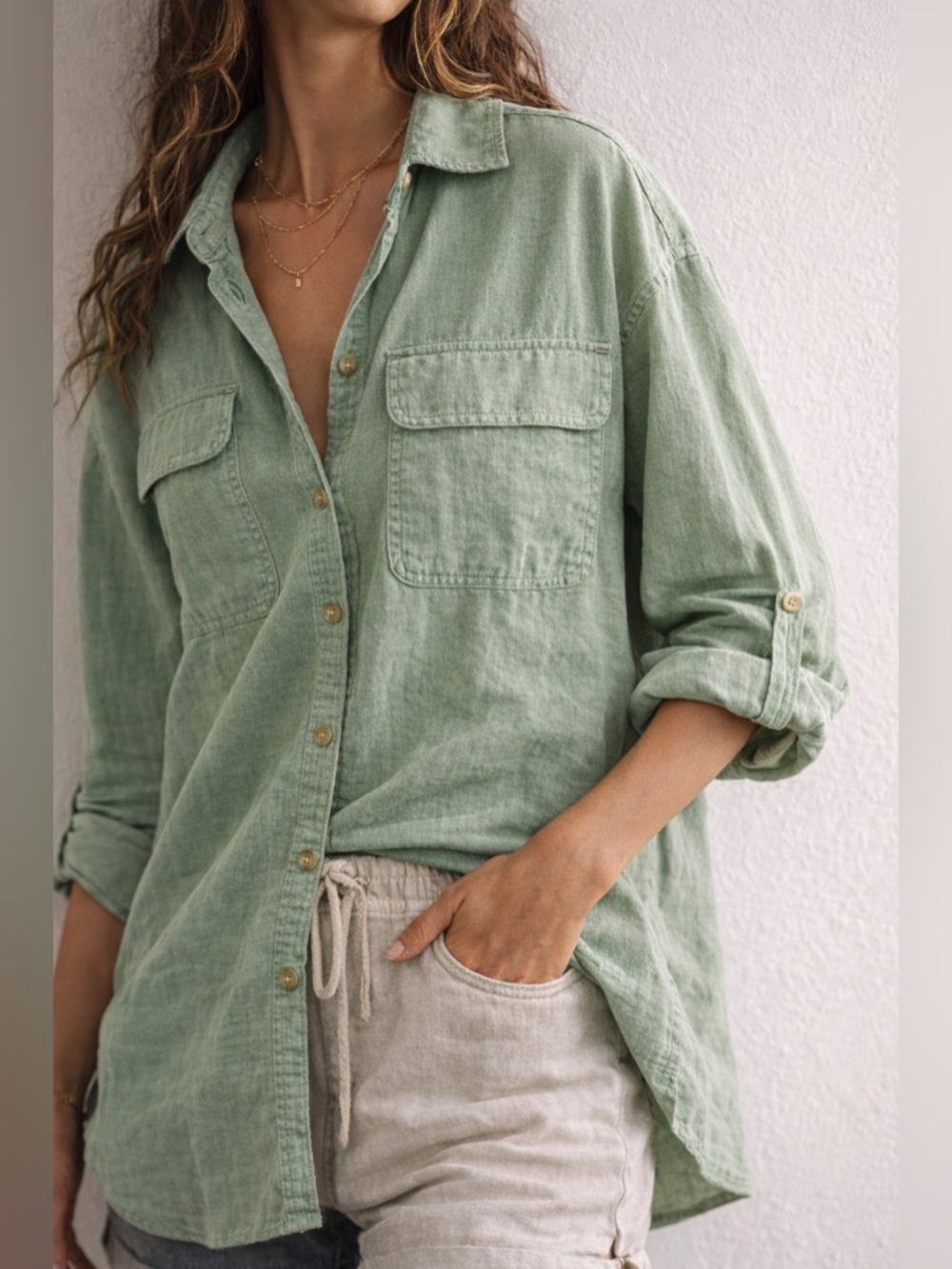 Free People We The Free Made For Sun Linen Shirt L Green Oversized Coastal A7 - Picture 3 of 10